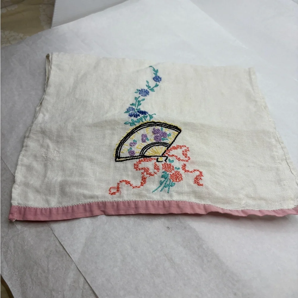Embroidered Floral Linen Towel with Pink Trim